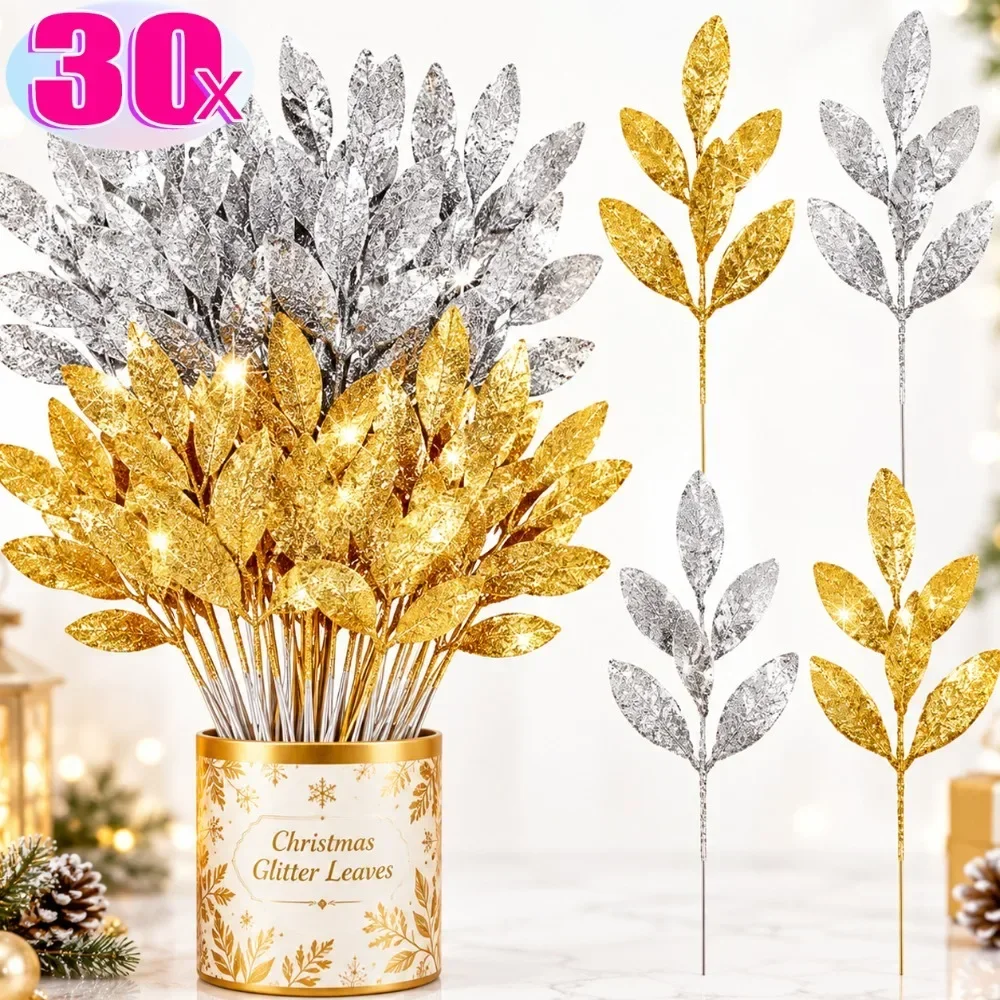 Artificial Leaves Bundle Glitter Bay Leaf Stems DIY Christmas Tree Decoration Home New Year Party Decor Supplies Gift Ornament