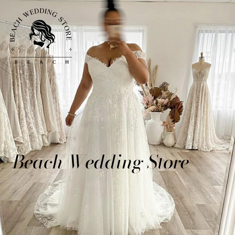 Hochzeit Kleid Plus Größe A-Line Weg Von Der Schulter Spitze Applique Tüll Backless Robe De Mariée Orienta Sweep Zug Kleid Nach maß