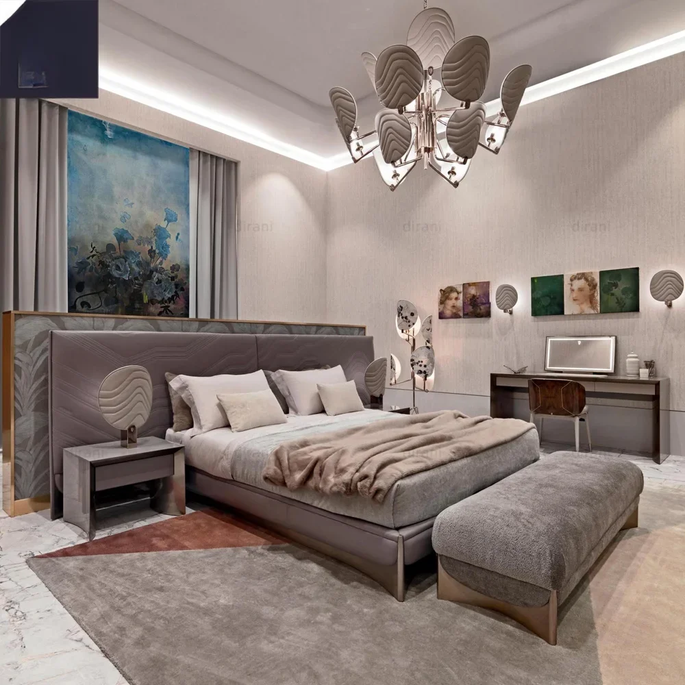 

# Hot High End Villa Modern Luxury Upholstered Bedroom Sets Dark Purple Leather Up-holstered Beds