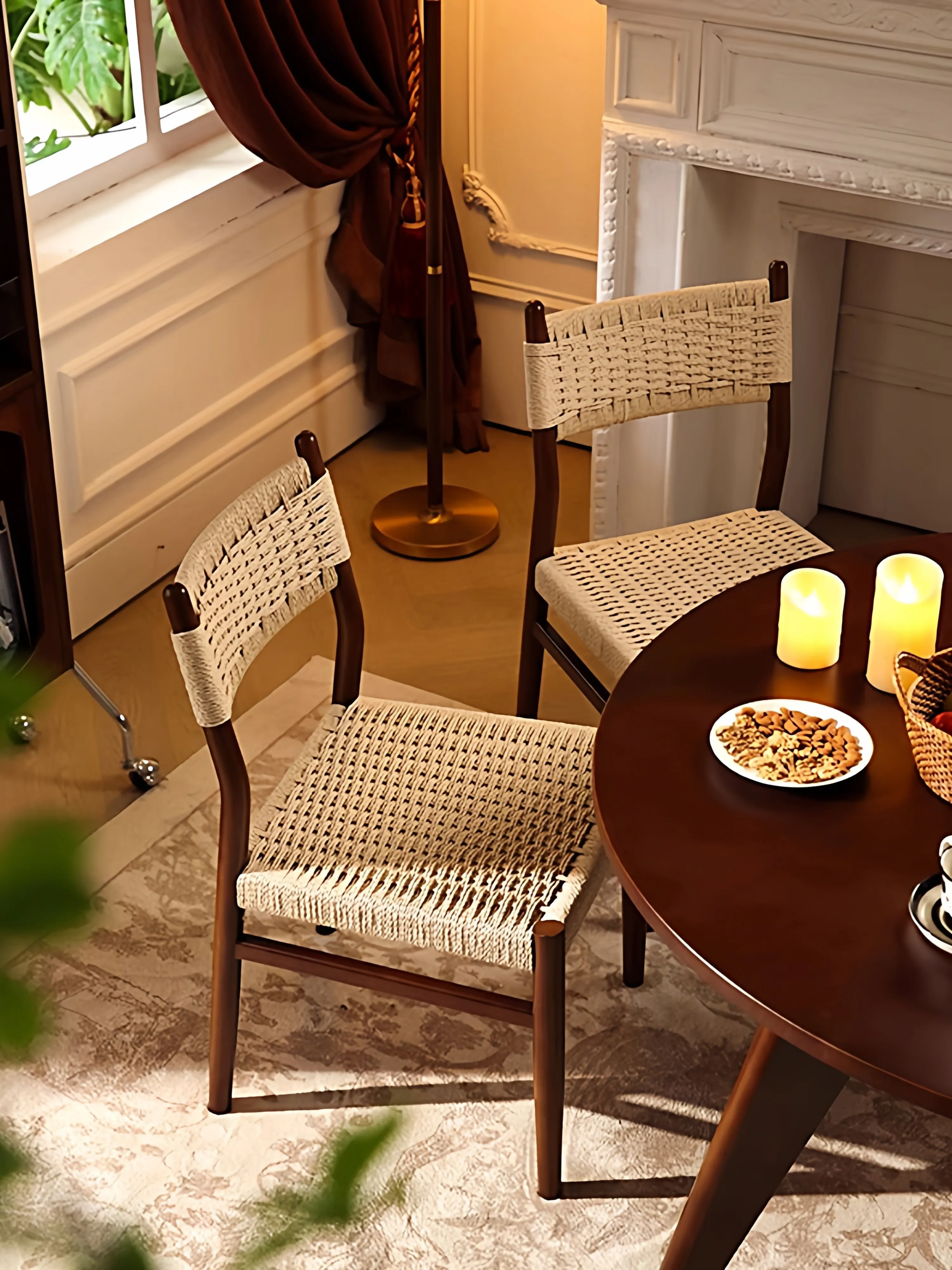Mid Century Retro Walnut Solid Wood Rattan Rope Woven Backrest Dining Chair Stool for Small Home Living Room Wabi Sabi Furniture