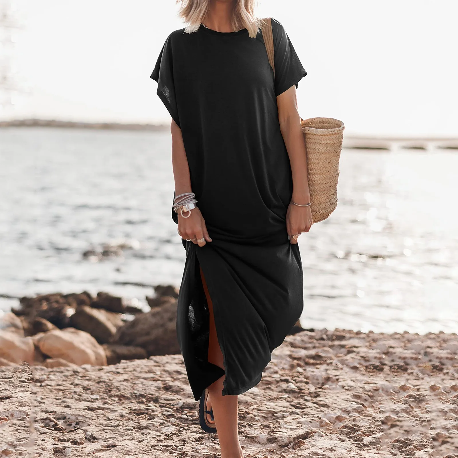 

Summer T-Shirt Maxi Dresses For Women Batwing Sleeves Round Neck Casual Loose Side Slit Long Beach Dress Vacation Sundress