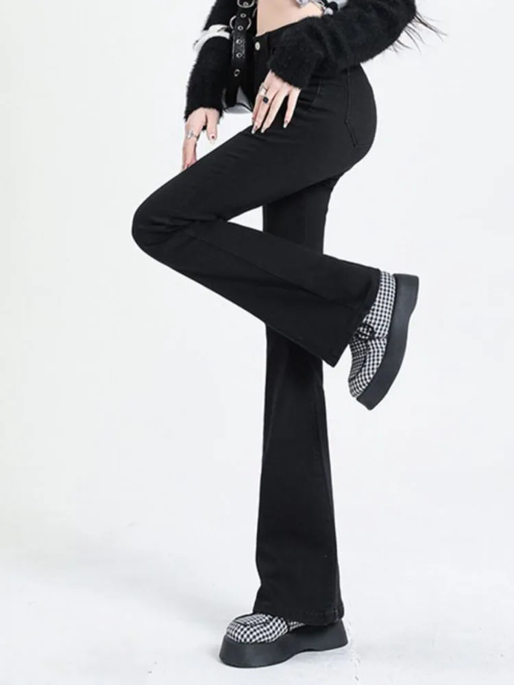 Jeans skinny svasati alla moda coreana Pantaloni casual in denim a gamba larga a vita alta da donna Primavera Autunno Nuovi Vaqueros slim vintage elasticizzati