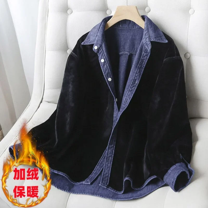 

New Winter Women's Denim Shirt Fur Lined Coat Thickening Warm Jackets High Quality Brands Long Sleeve Tops Korean Fashion