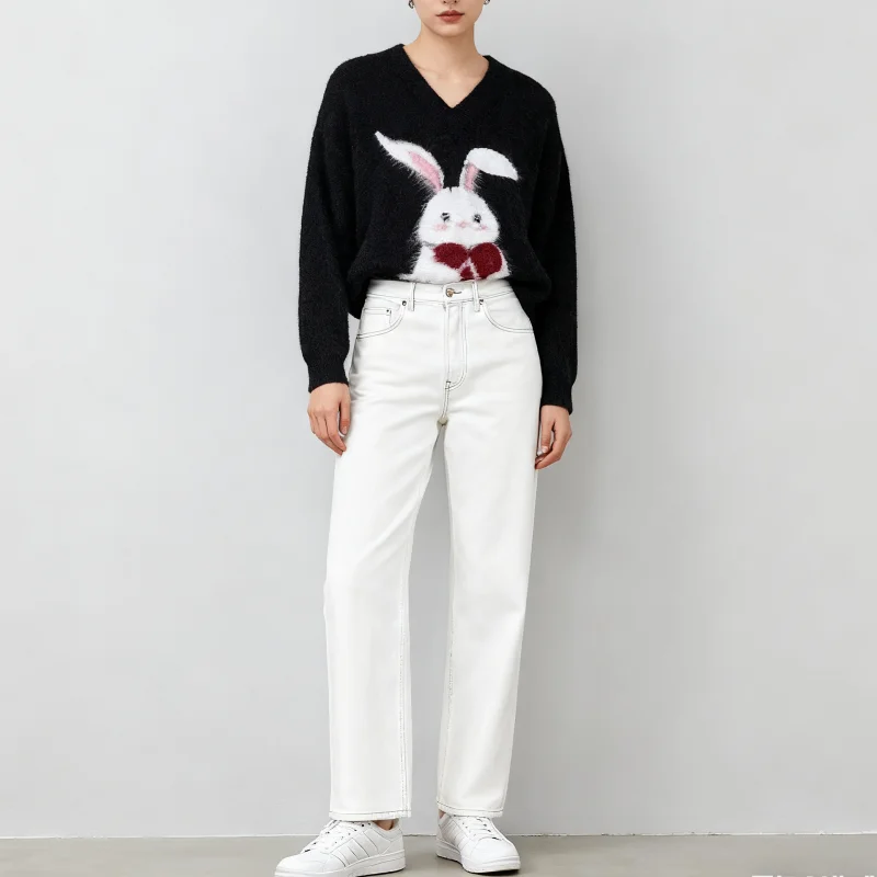 

Осень 2025 года, новый стиль, американский ретро-свитер с v-образным вырезом, милый вязаный топ с кроликом для женщин