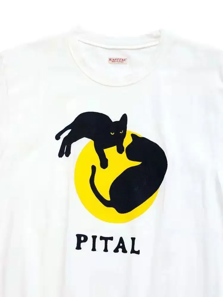 KAPITAL Hirata Hiroshi printed Black Cat and Moon Blue Dyed Short Sleeved T-shirt Women Men Summer