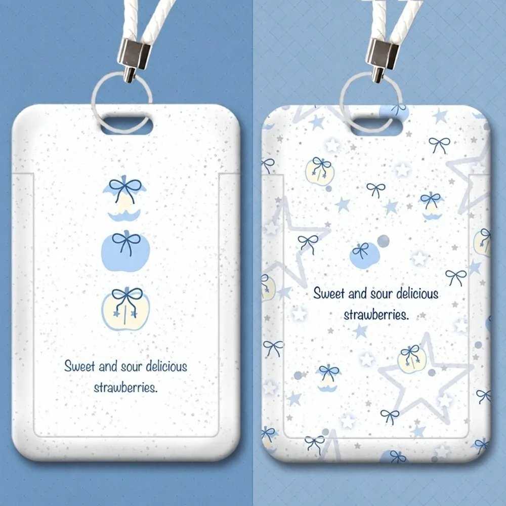 Hard Plastic Card Holder Polka Dots Blue Star Pattern Student Id Card Case with Wrist Lanyard Slide Cover Card Sleeve