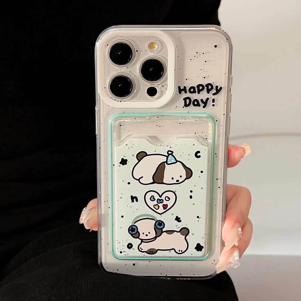 Cute Wearing Headphones Puppy Insert Card Card Pocket Phone Cover Case for iPhone 16 15 14 13 12 11 Pro Max 7 8 Plus Xsmax XR X