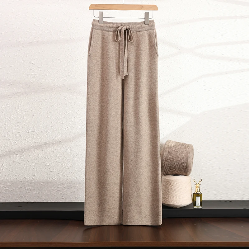 New women's wool pants 100% wool women's knitted wide leg pants solid color hot selling women's regular warm pants