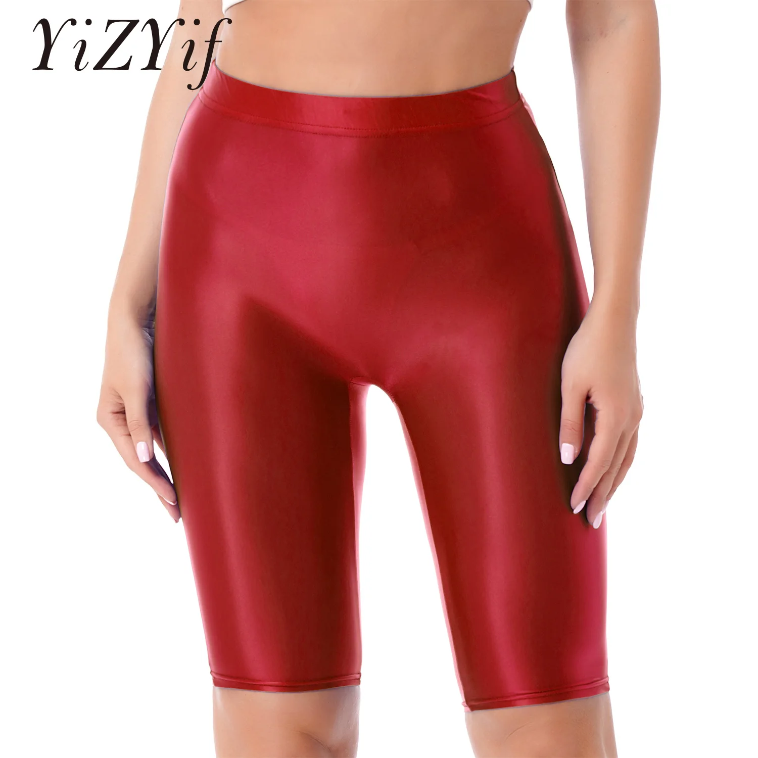 Fashion Glossy Shorts Women High Waist Seamless Short Leggings Oil Shiny Fitness Workout Sports Push Up Tights Clubwear Swimwear