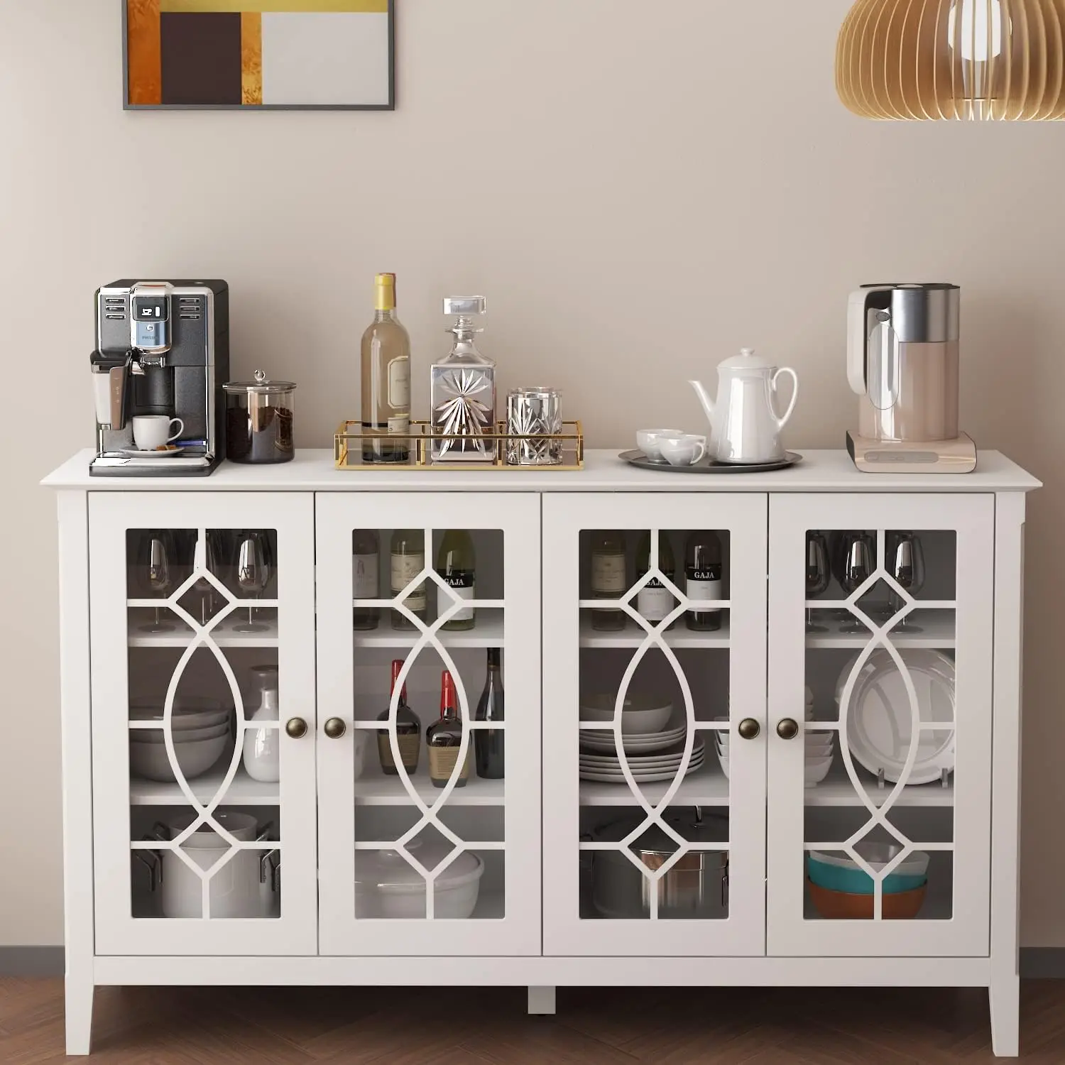 Kitchen Storage Cabinet Sideboard, Buffet Server Table w/Height-Adjustable Shelf & 4 Glass Doors