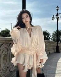 Loose Solid Blouse With Ribbon Dresses For Women V Neck Long Sleeve Spliced Lace Up Sweet Style Dress Female Clothing Autumn