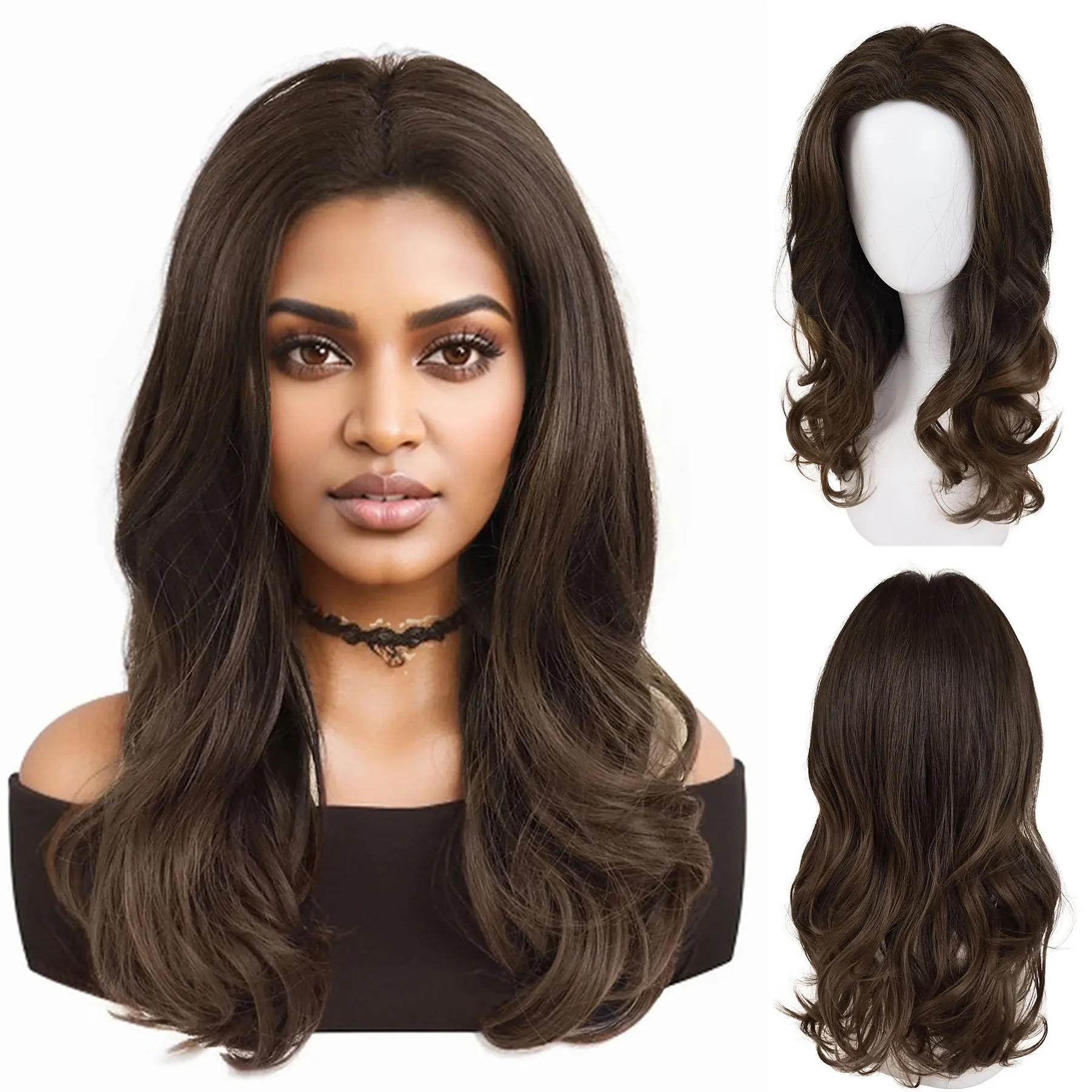 

Synthetic 21 Inch Long Wigs for Women Middle Part Brown Wavy Curly Wig Daily Party Mommy Hair Replacement Wig Heat Resistant