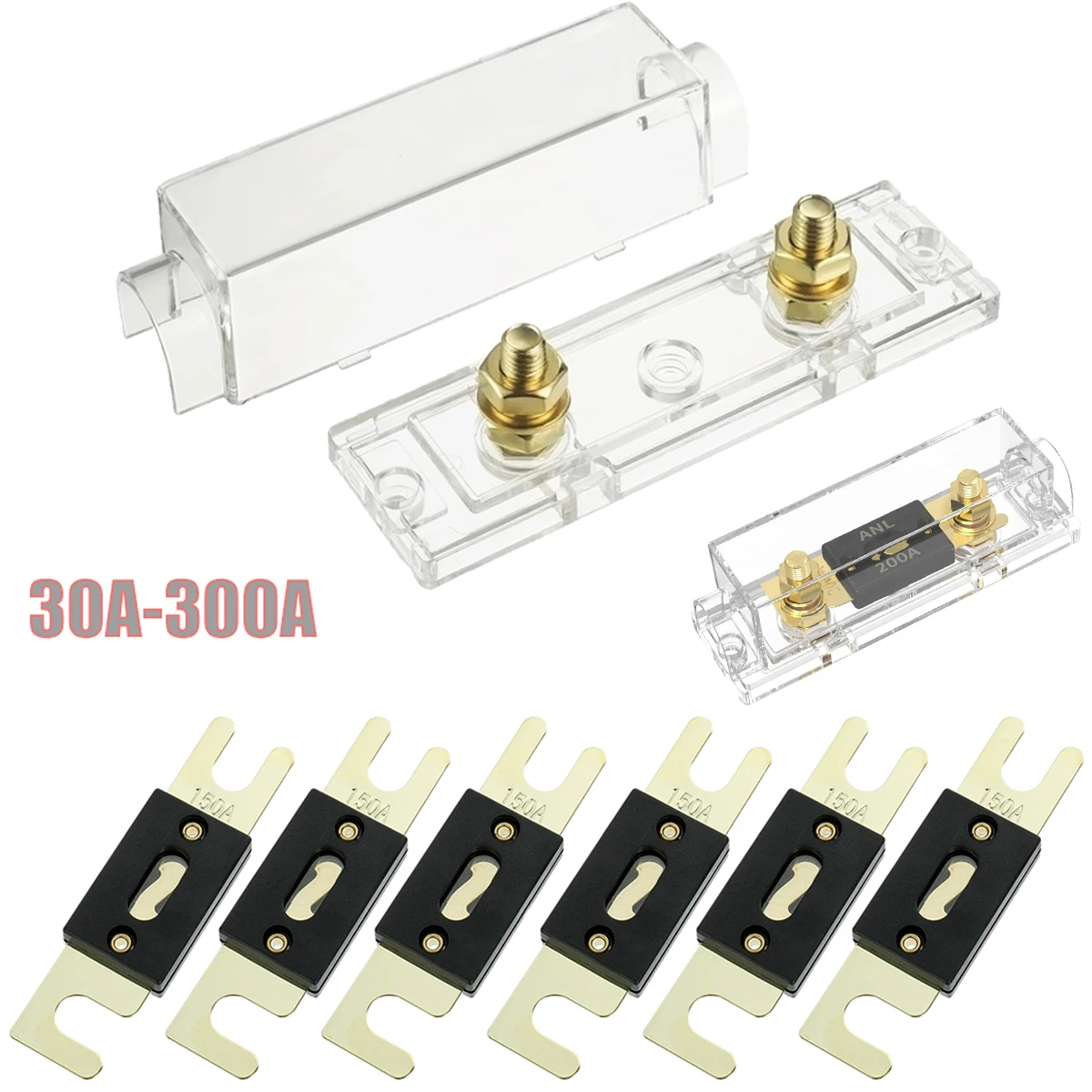 3pcs ANL Fuse Holder and 30A-300A Fuses, Inline Bolt-on Fuse Gold Plated Fuse for Marine Car Vehicle Audio and Video System