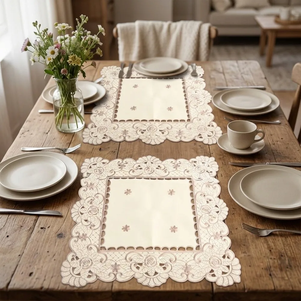 2 Piece Embroidered For Table Cover Square Design with Hollow Lace Trim and Refined Stitching for For Table Decor Application