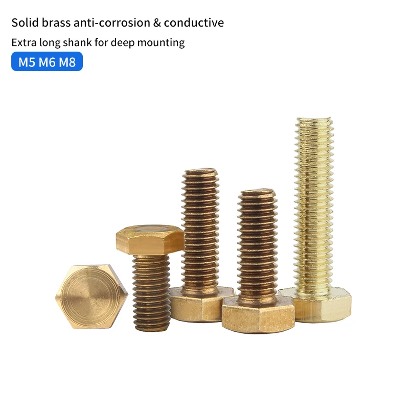 Extra Long Solid Copper Hexagon Machine Screws, Brass External Hex Head Anti-Corrosion Bolts M5 M6 M8 Multi Sizes 2~10Pcs Pack