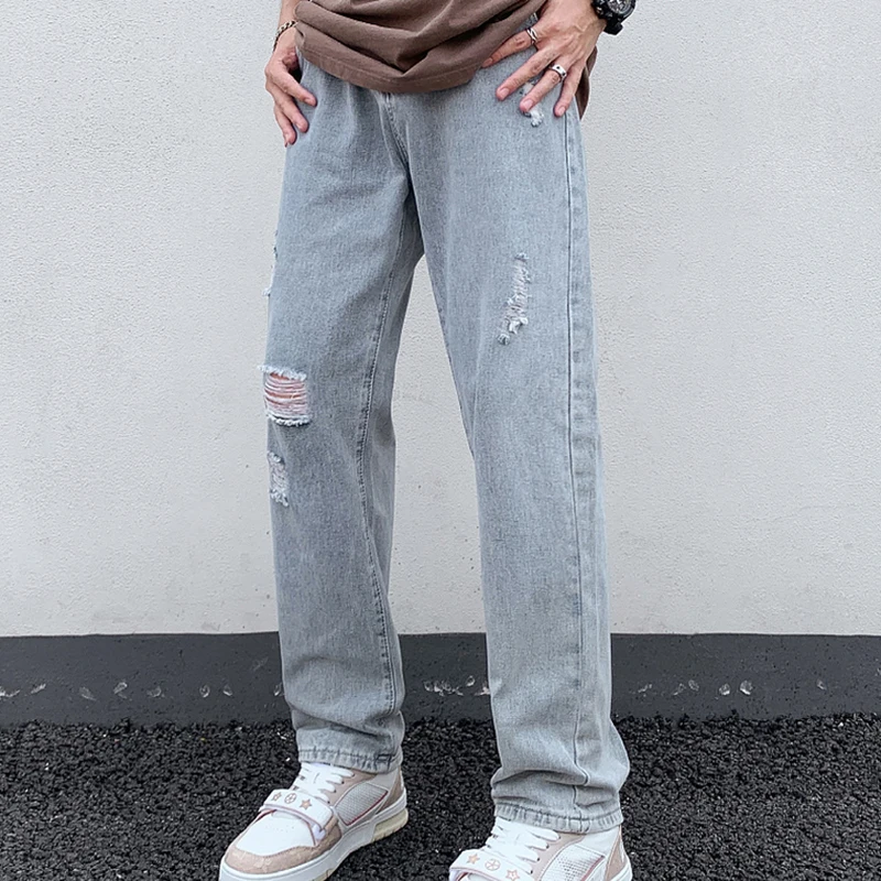 Denim Ripped Jeans Ruined Knee Hole Men\'s Straight Casual Pants Light Blue Tide High Street Old Retro Wide Leg Dropship Pants