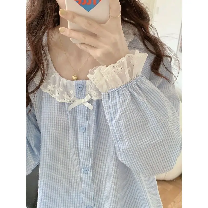 Women's Spwear Casual Long Sve round Ne Home Clothes Set Spring Autumn New Sle Plaid Lace Sweet Girl's Outfit
