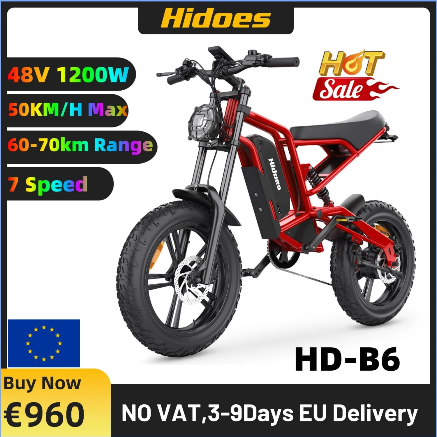 Hidoes B6 Bicicletta elettrica 1200W Motore potente 48V15.6AH Batteria al litio Moto Bici elettrica 20*4 in Fat Tire Neve E-bike