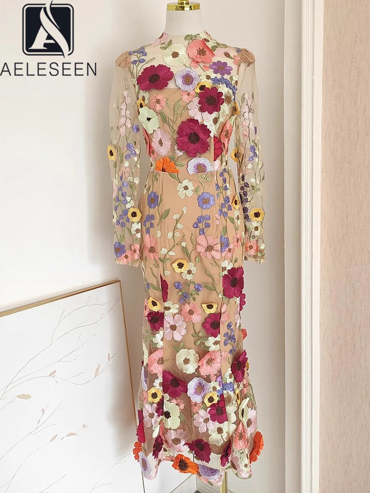 

AELESEEN High Quality Slim Long Dress Women Design Fashion Luxury 3D Appliques Flower Embroidery Gauzes Mesh Elegant Trumpet