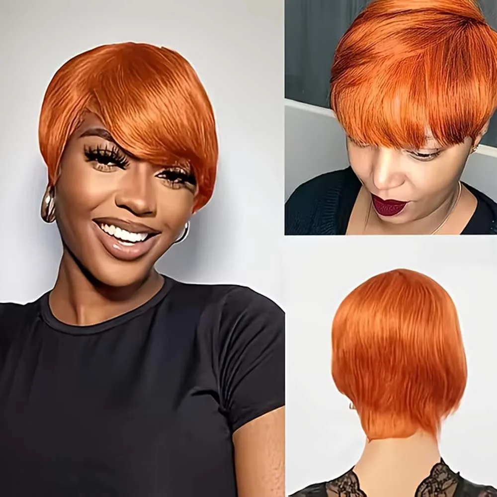 

Оранжевый цвет, парики с стрижкой пикси с челкой, короткие парики из натуральных волос для женщин, бразильские парики из натуральных волос, машинное производство