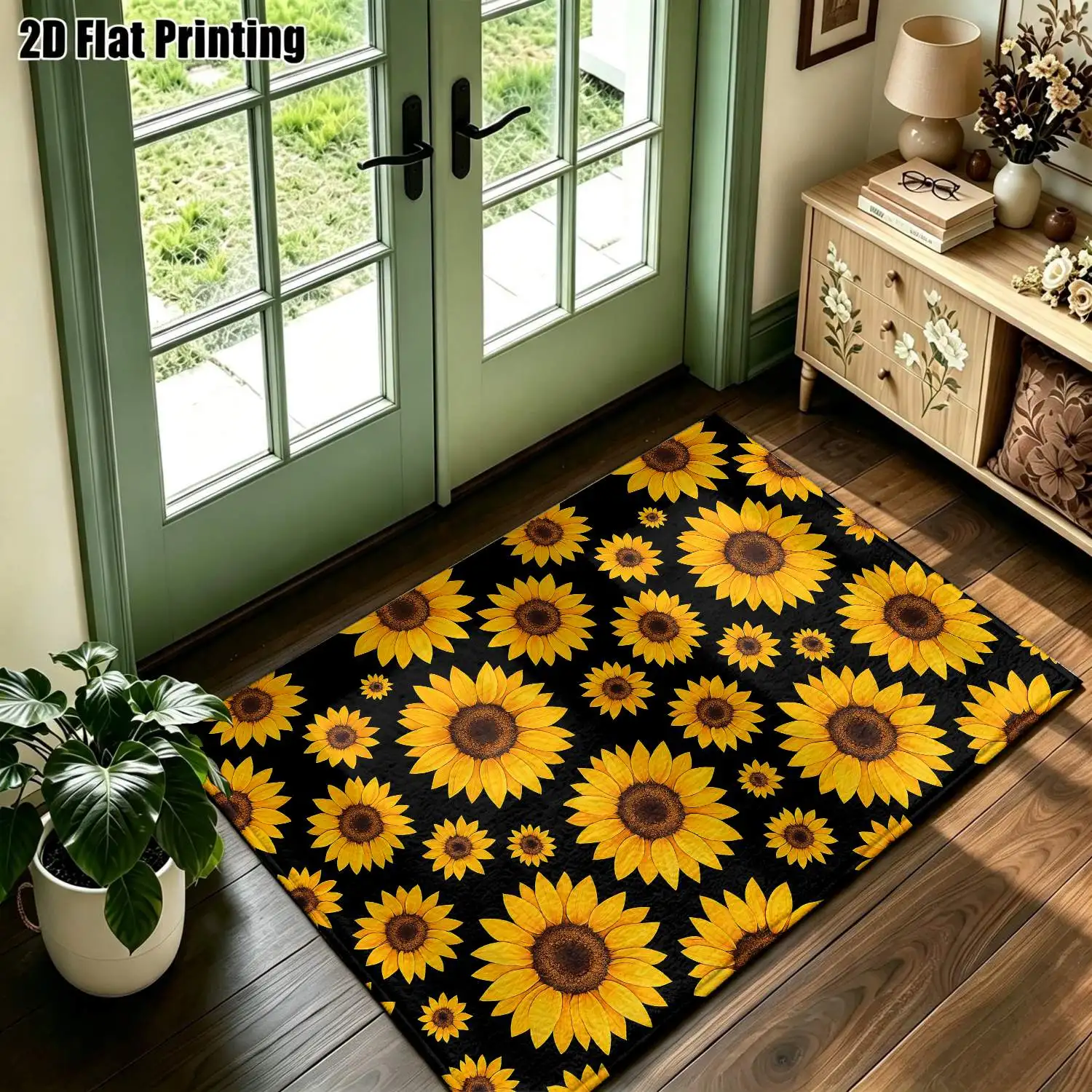 1Pc 2D Printed Carpet: Yellow Sunflower Pattern, Nordic/Instagram/Modern Minimalist/European/Vintage Style, Multi-Size, Machine Washable, Ideal for Entrance, Dining, Foyer, Bedroom, Living Room