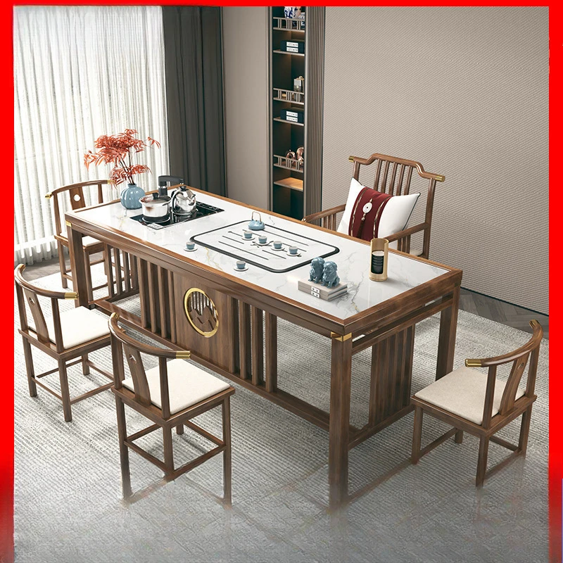 

Solid wood tea table, kettle integrated embedded one table, five chairs, tea table and chair combination household rock slab