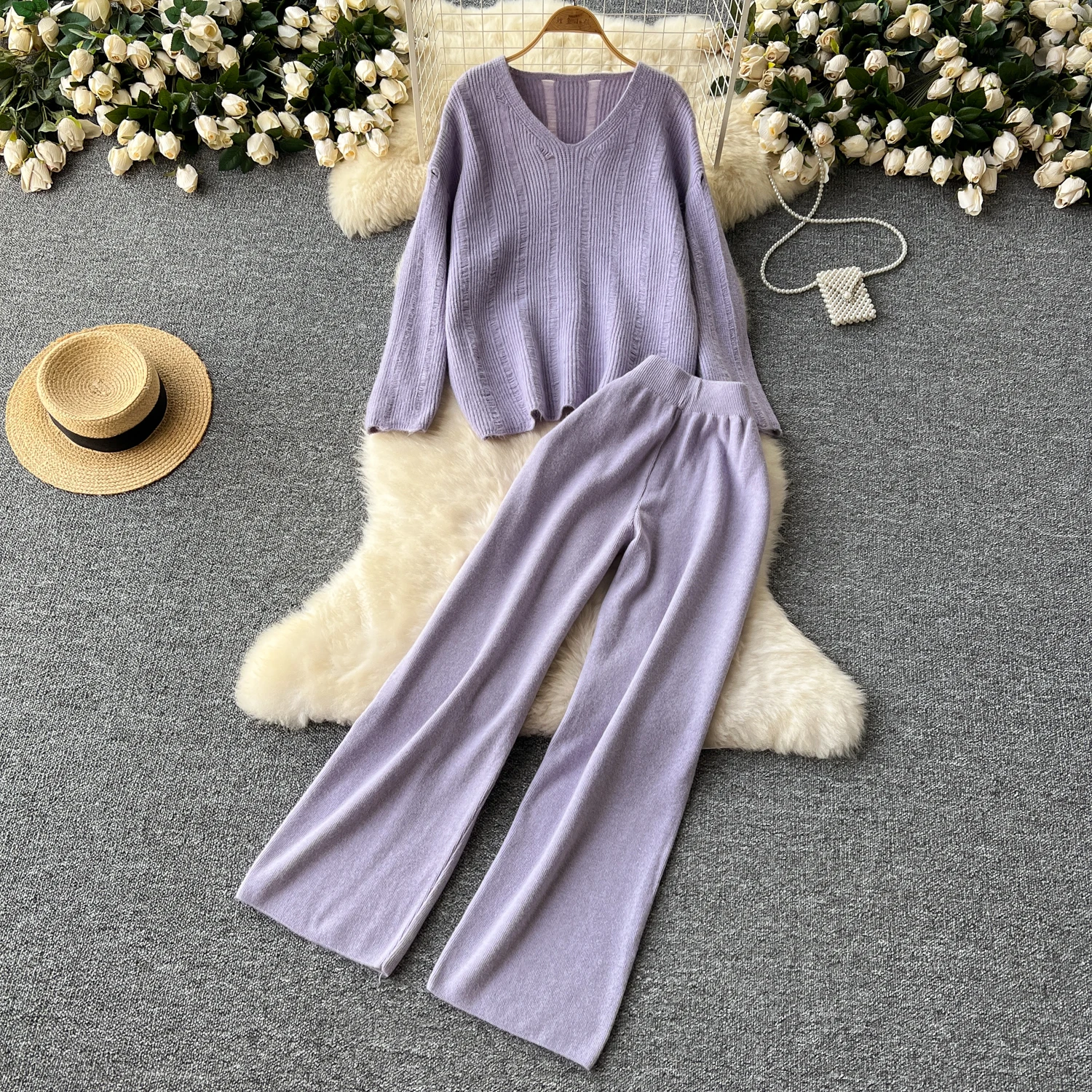 Women Chic Retro Two Pieces Sets v neck loose basics knit sweet High Waitst Wide leg pants Fashion Summer Sets