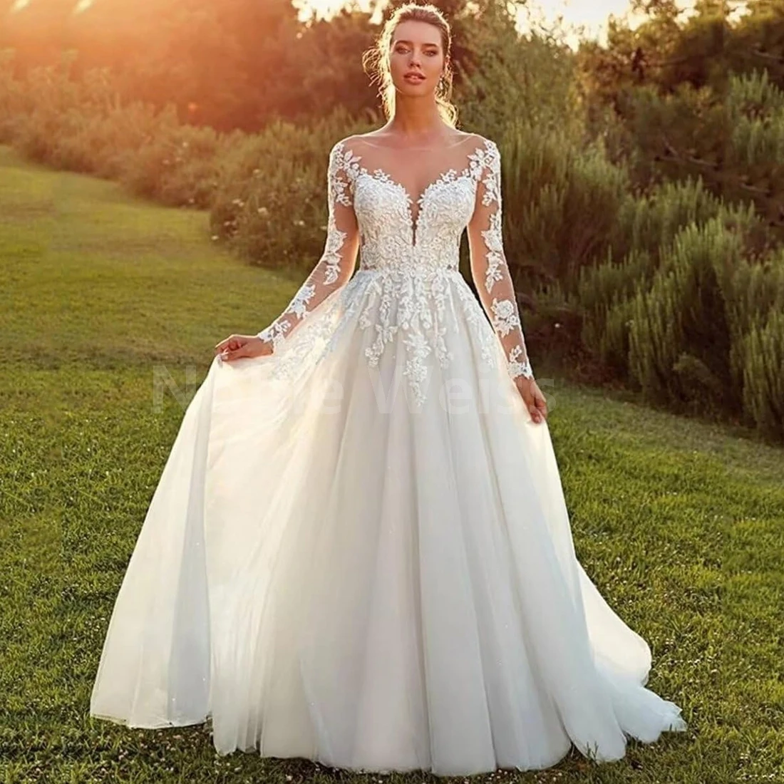 A-Line Tulle Wedding Dress with Lace O-Neck and Brush Train for Bride Customized