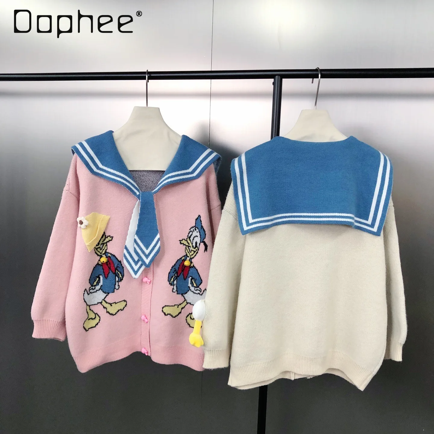 

Темно-синий воротник в студенческом стиле с цветными блоками, жаккардовый свободный свитер с длинными рукавами и рисунком утки, женская одежда в японском стиле