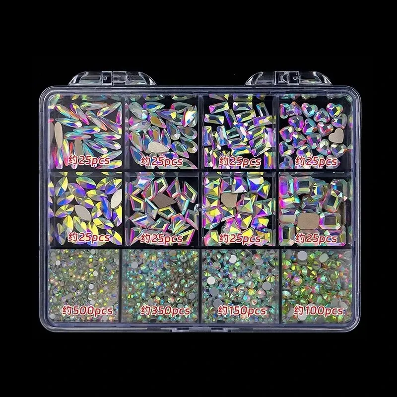 Strass multi-formes AB à fond plat, 12 grilles, pierres précieuses colorées pour décoration Nail Art avec pince à épiler, stylo de perçage, outil de manucure