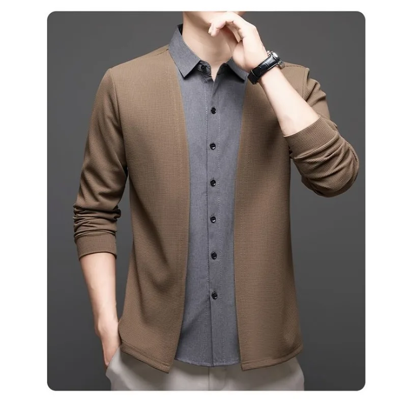 

Осенний стиль, микроэластичная повседневная нижняя рубашка с длинными рукавами, искусственный вафельный кардиган из двух частей, куртка с лацканами, универсальная одежда