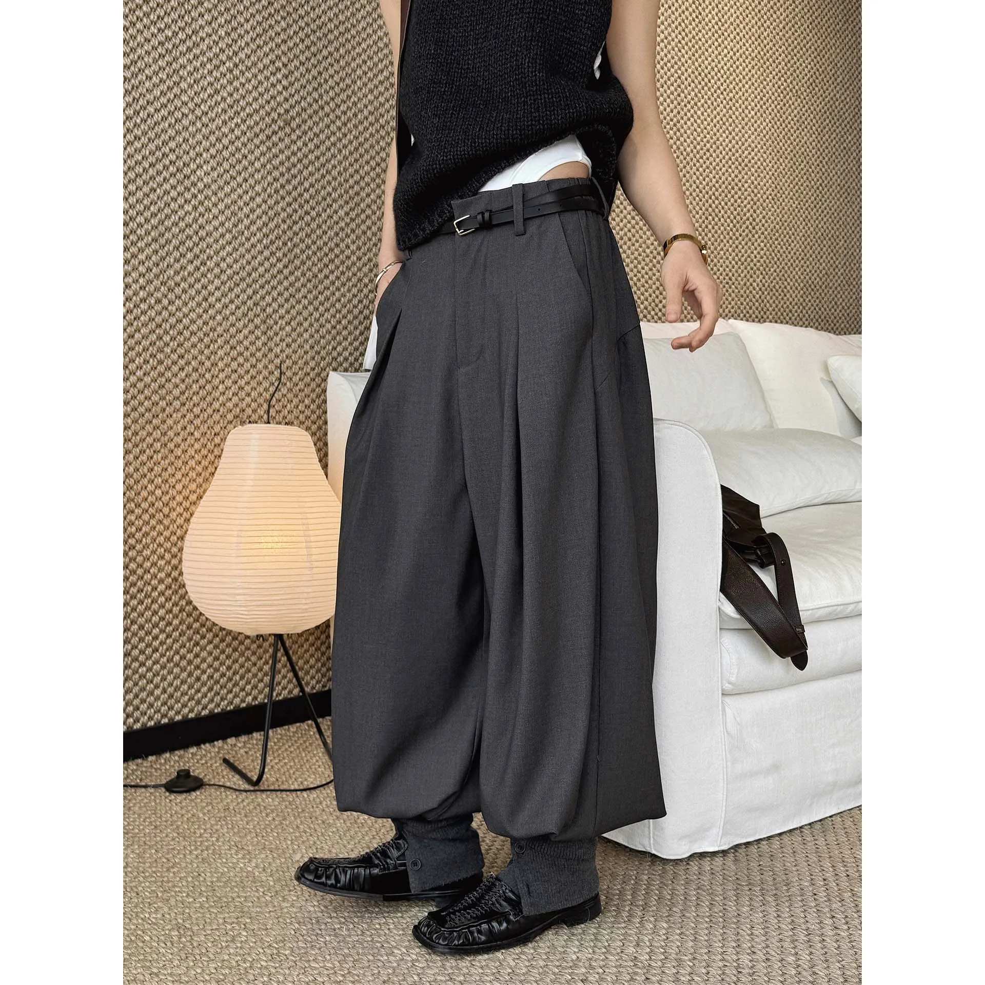 

SuperAen Spring New Vintage Design Buttoned Long Pants Gray High Waist Oversize Fashion Women's Casual Harem Pants
