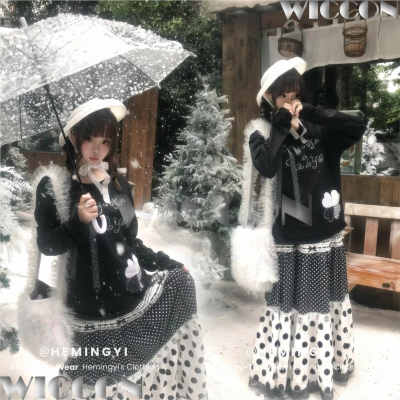 

Jirai Kei Одежда для девочек Зимний косплей Черный топ Рубашка Белое платье Юбка Y2K Костюм Полный комплект Девушка Женщина Хэллоуин Navidad Cos