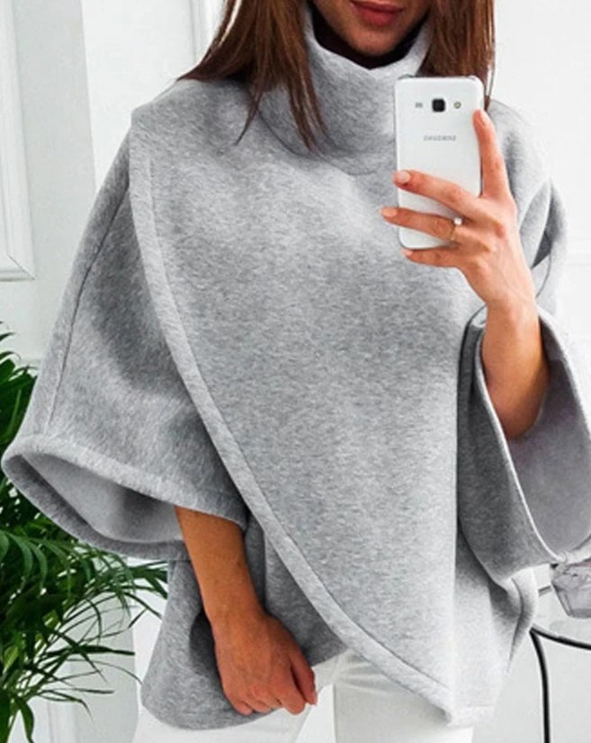 Dames Sweatshirts 2024 Herfst Mode Hoge Hals Asymmetrische Zoom Cape-Vormige Wrap Casual Effen Kleur Losse Dagelijkse Sweatshirt