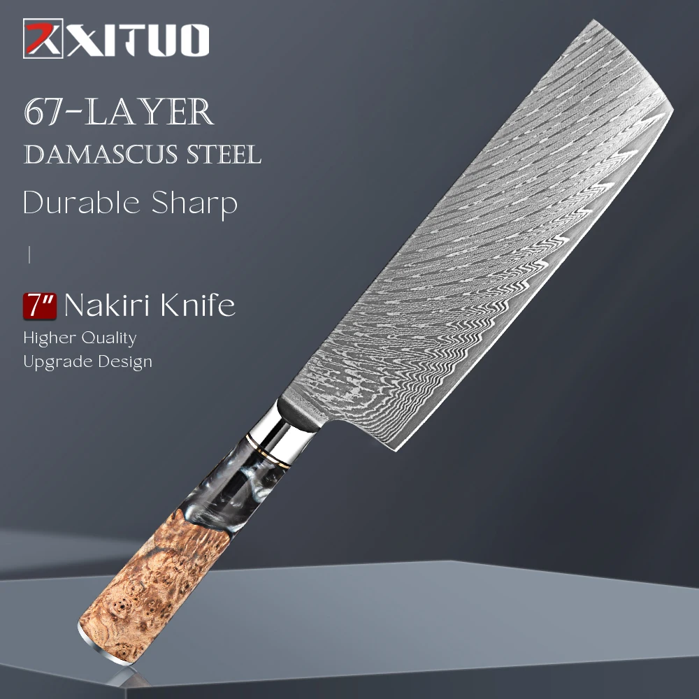 XITUO 7" Damaskus-Nakiri-Messer – japanisches Gemüsespalter und Fleischmesser – ultrascharfes