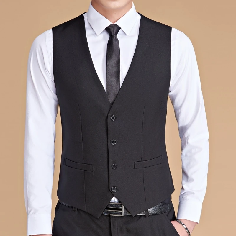 Men Vest White V Neck Solid Single Button Slim Business Formal Waistcoat Tweed Sleeveless Men Suit Vest