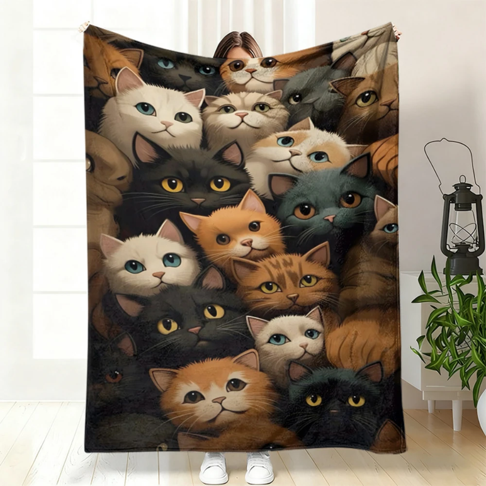Winter Hat Stack Cat Portrait Throw Blanket,Warm Living Room,Reading Nook Decor,Birthday Anniversary Cute Household Souvenir