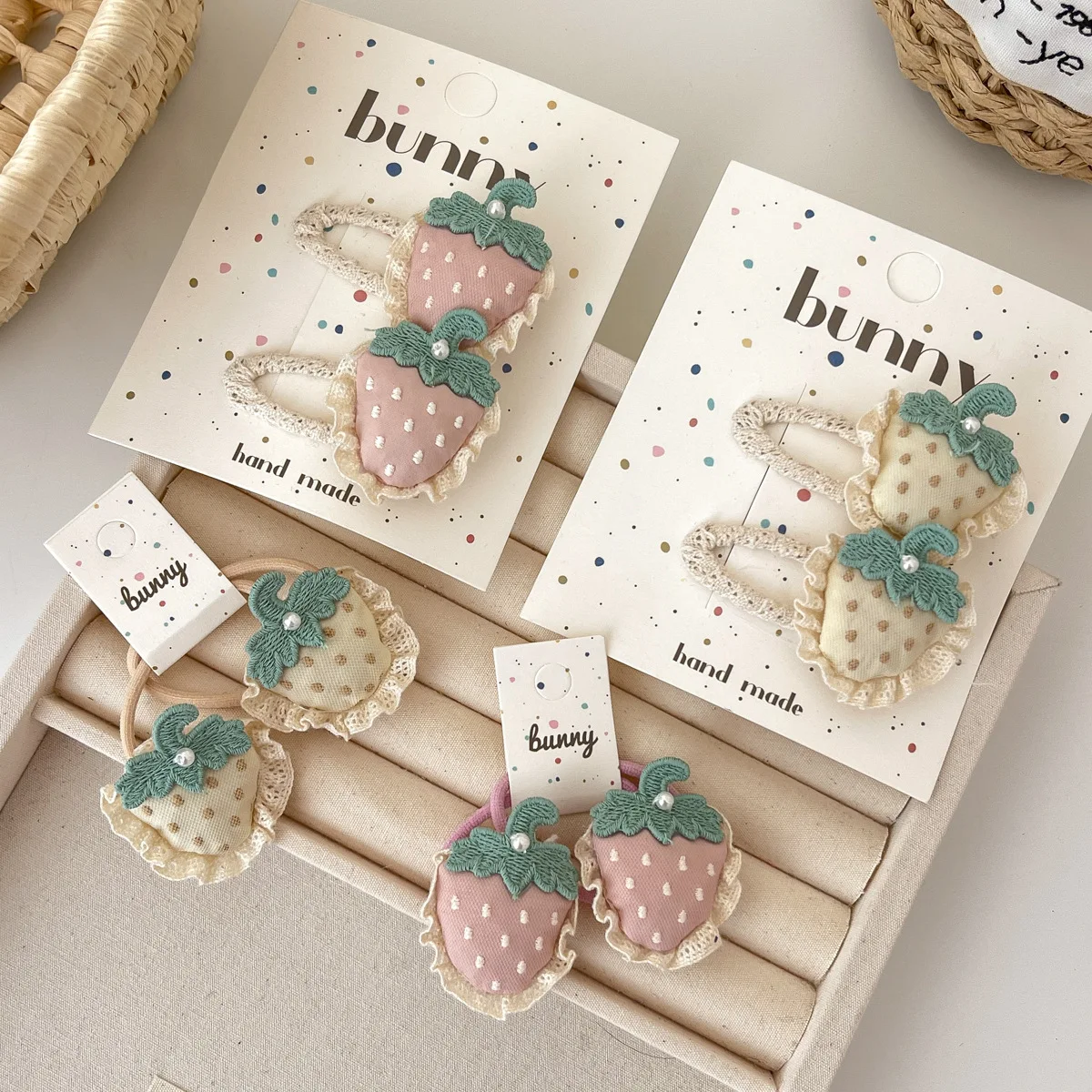 2pcs/set Strawberry Hair Clips for Baby Girl Lace Barrettes Hairpins Ponytail Holder Rubber Bands Kids Headwear Hair Accessories