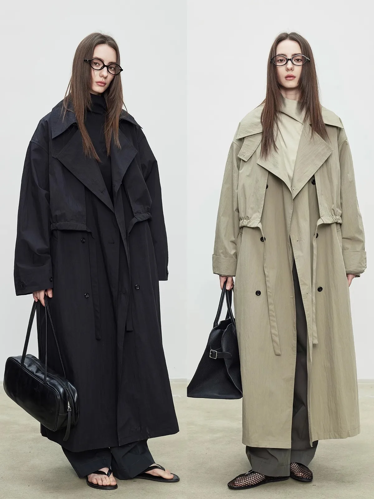 Lautaro Spring Autumn Oversized Khaki Long Trench Coat for Women Double Breasted Loose Casual European Fashion Overcoat 2025