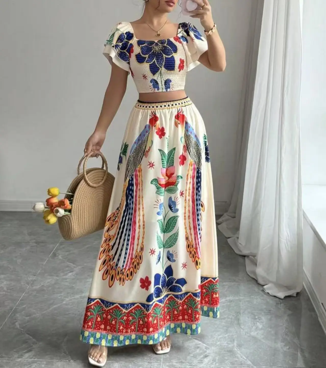 Women's Print Two Piece Set Square Neck Ruffle Sleeves Smocked Crop Top High Waist Long Skirt Casual Boho Summer Vacation Outfit