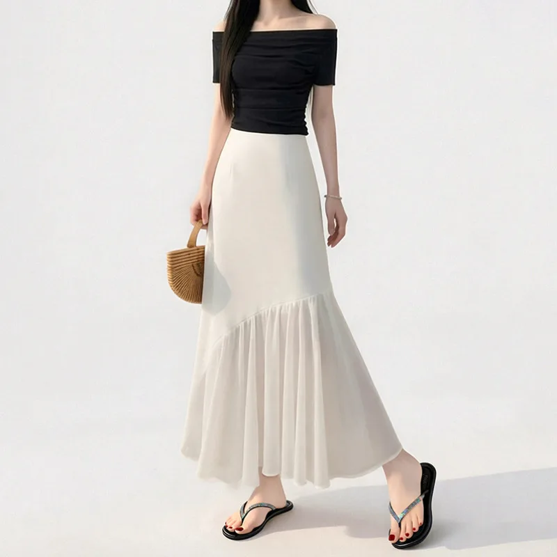 New Fashion Patchwork Chffion Skirt Women Summer Casual High Waist Thin A-line Solid Color Elegant Skirts Pleated Slim Midi Jupe