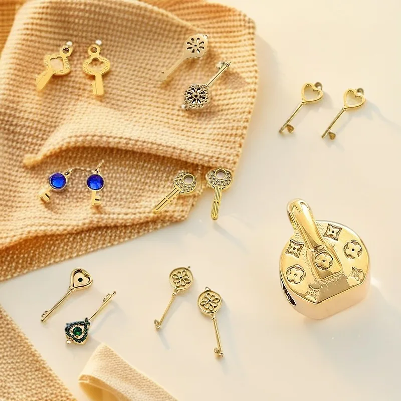 Gold Plated Vintage Key Lock CharmPendants StainlessHollow Heart CZ Inlay DIY Necklace Bracelet Handmade Jewelry Making Supplies
