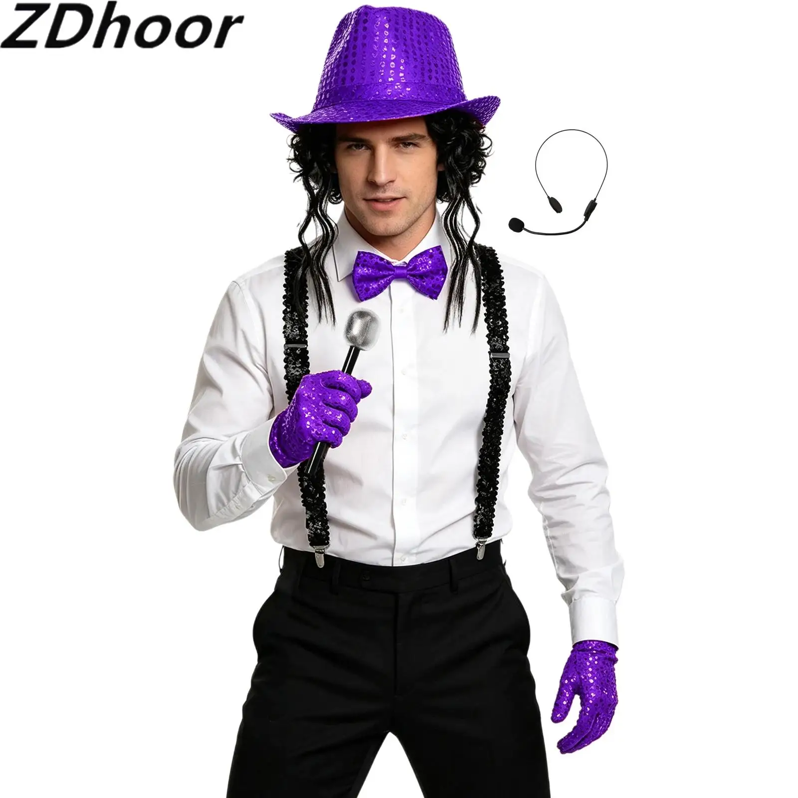 Retro Disco Sequin Wig Hat Cap Y-back Elastic Suspender Necktie Adjustable Bow Tie Gloves with Faux Microphone Headset Set
