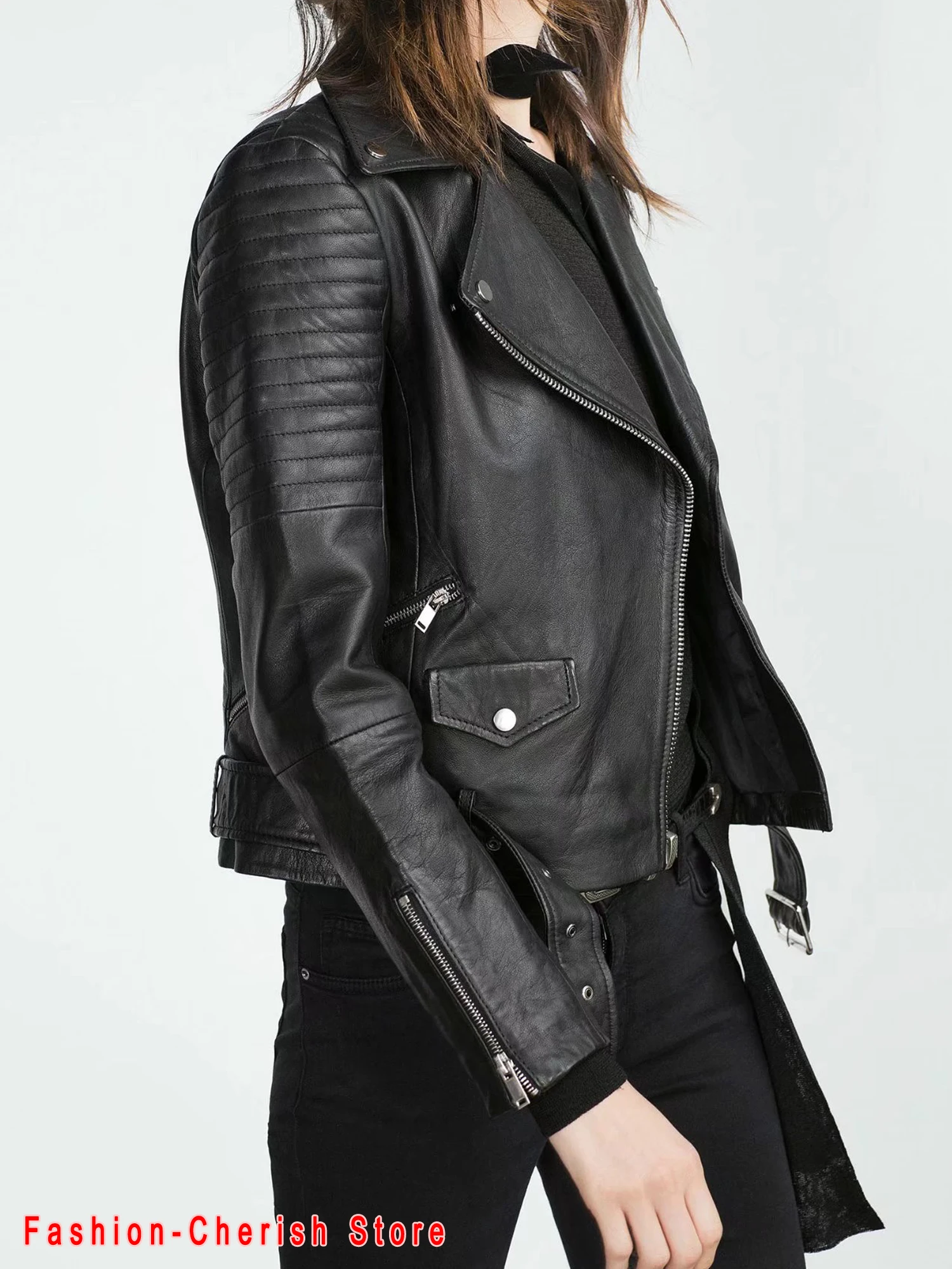 New Women Autumn Winter Black Faux Leather Jackets Zipper Basic Coat Turn-down Collar Motor Biker Jacket With Belt