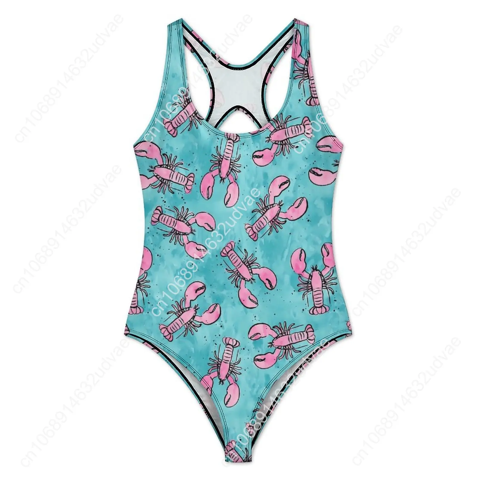 Lobsters พิมพ์ชุดว่ายน้ําสีชมพูและสีฟ้า One Piece ชุดว่ายน้ํา Push Up Monokini ง่ายเซ็กซี่วันหยุดว่ายน้ําพิมพ์ชุดชายหาด
