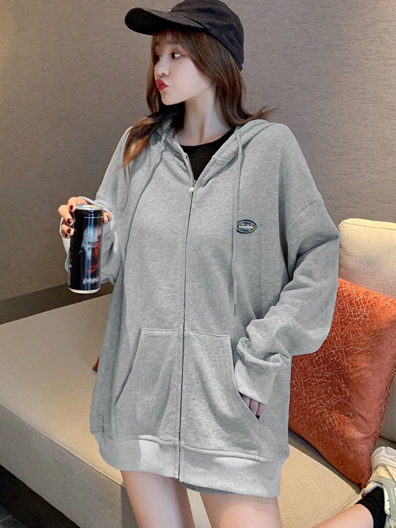 

Korean Chic Spring Gray Loose Casual Zipper Cardigan Top Mid-Length Hooded Long-Sleeved Sweatshirt Units for Women