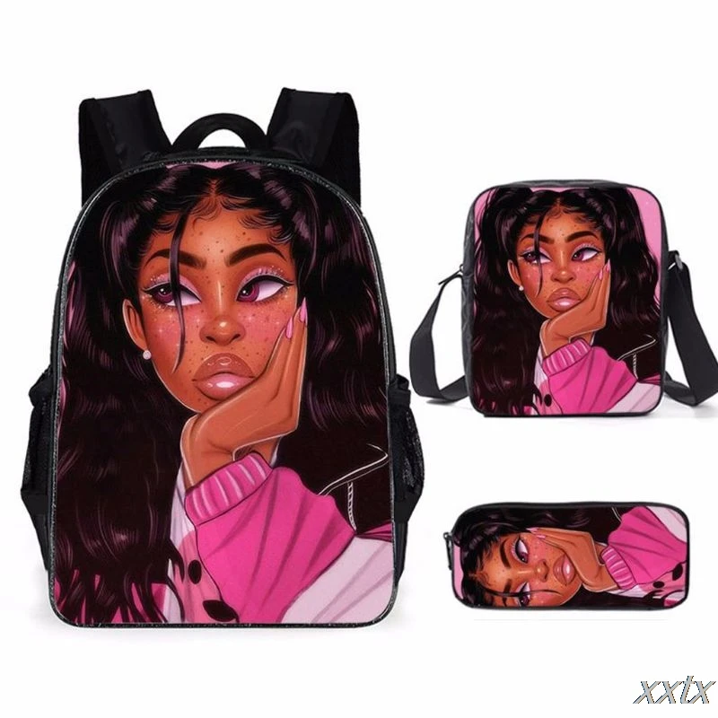 3D Print Africano Menina Aluno Escola Bags, Mochila Laptop, Mochila, Inclinado Bolsa de Ombro, Lápis Caso, Novidade, Harajuku, 3pcs por conjunto