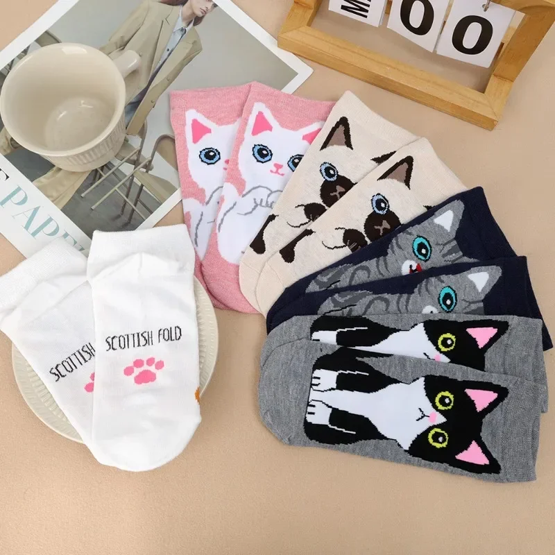 5Pairs INS Style Harajuku Kawaii Soft Cute Cat Dog Boat Socks Korean Cartoon Comfort Breathable Odorless Pure Cotton Socks Women