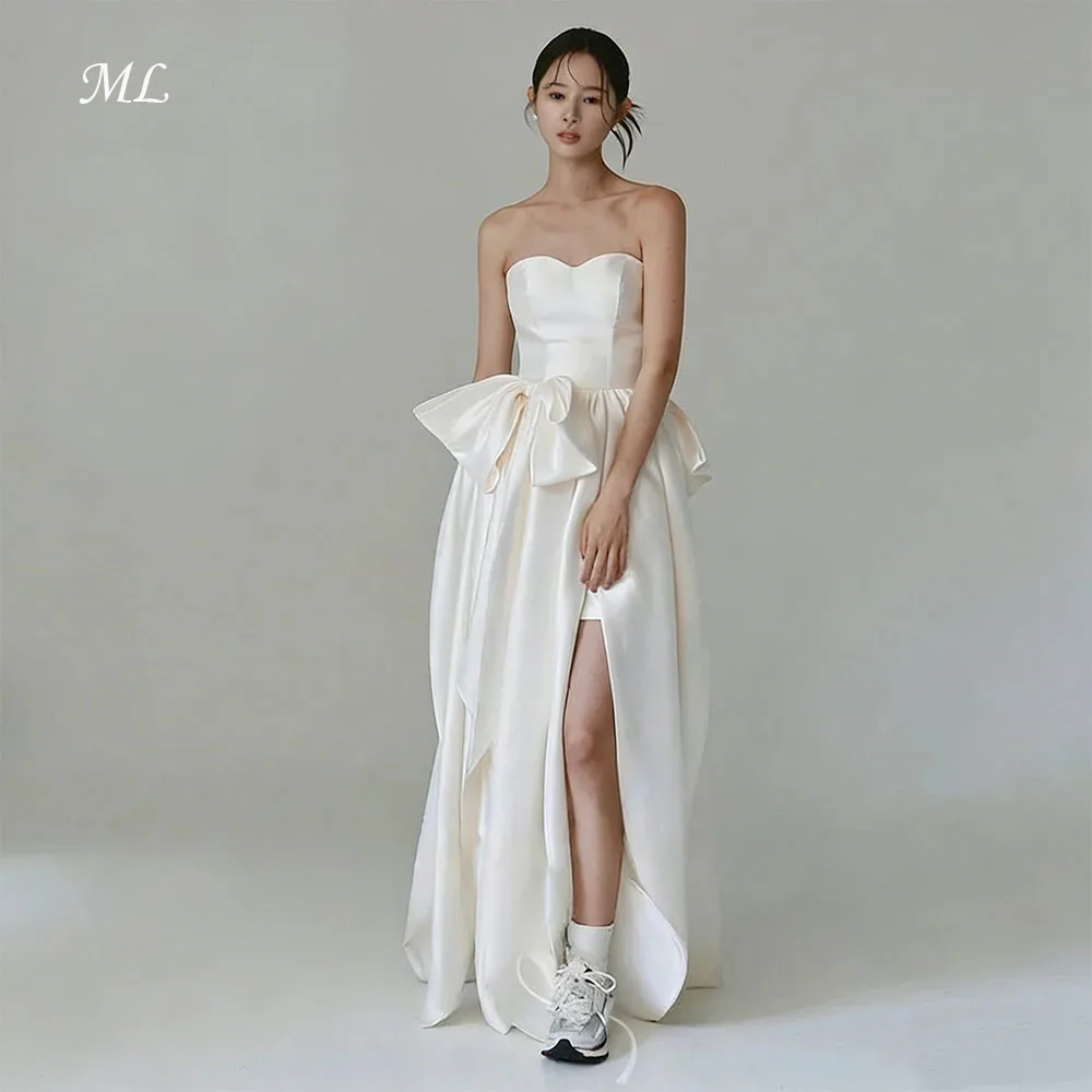 

ML Sweetheart Satin Wedding Dresses Strapless Bow White Korea Photo Shoot Bridal Gowns A-line Side Split 웨딩드레스 Customized