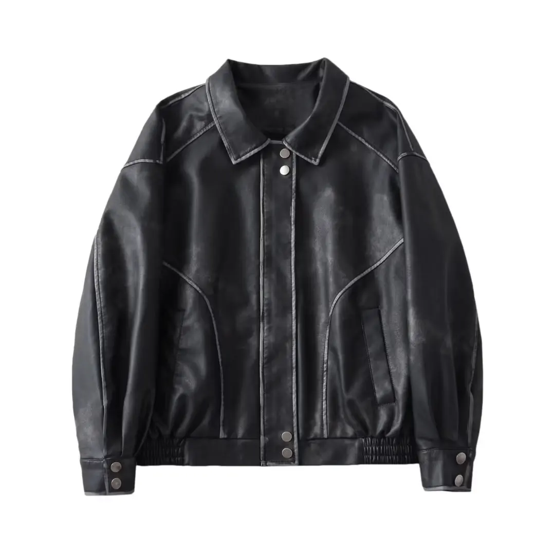 Autumn Women Vintage Loose Big Pocket Pu Faux Leather Jacket Streetwear Female Chic Short Coat Outerwear Long Sleeve Tops